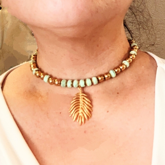 Green Spearmint Glass and Gold Ball Beads in Statement Gold Plated Necklace - Picture 10 of 10